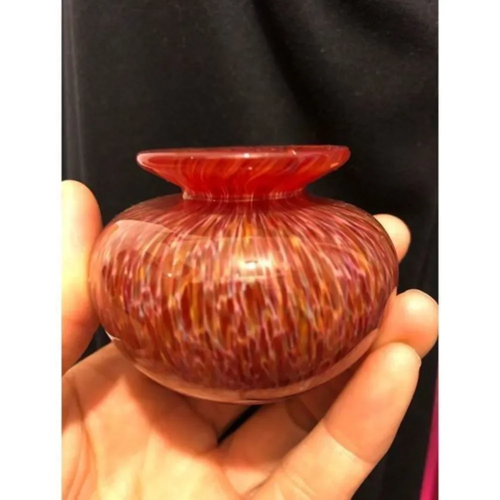 Vintage Art Glass Tiny Bud Vase Orange Red Swirl Hand Blown Glass 2